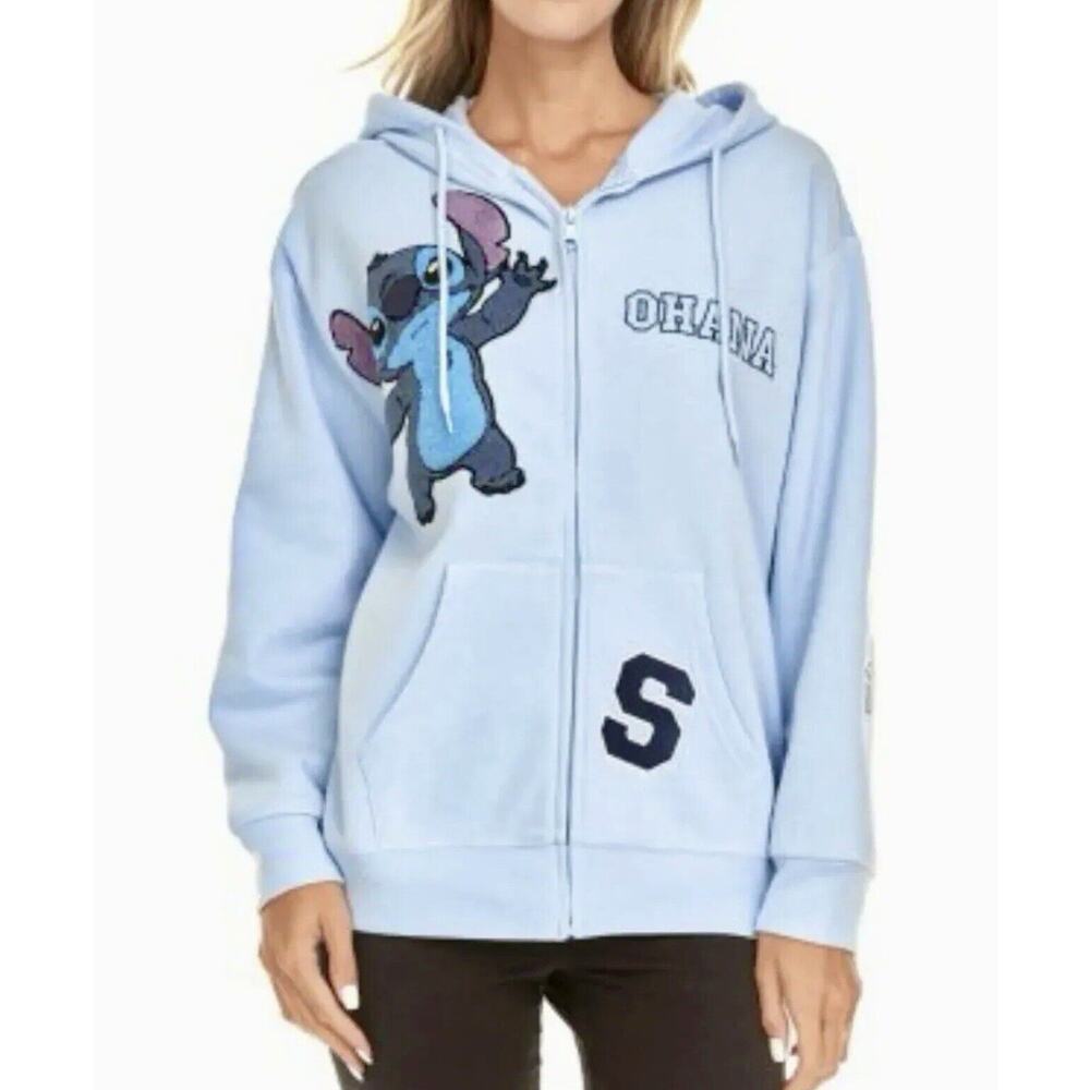 Disney Stitch Women’s Blue Full Zip Sweatshirt Hoodie~Chenille Patches S